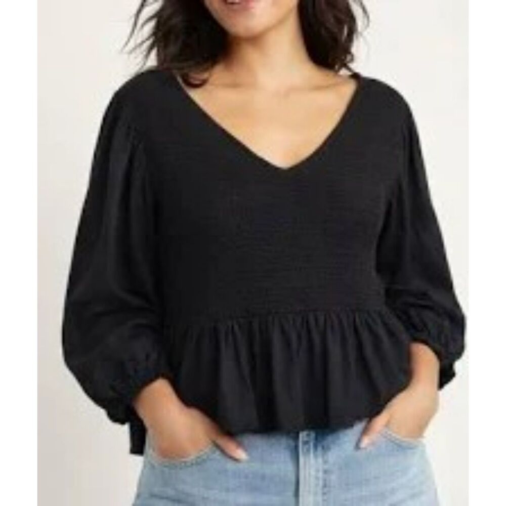Old Navy Jet Black Smocked V-Neck Peplum Summer  Top Size Extra Large
